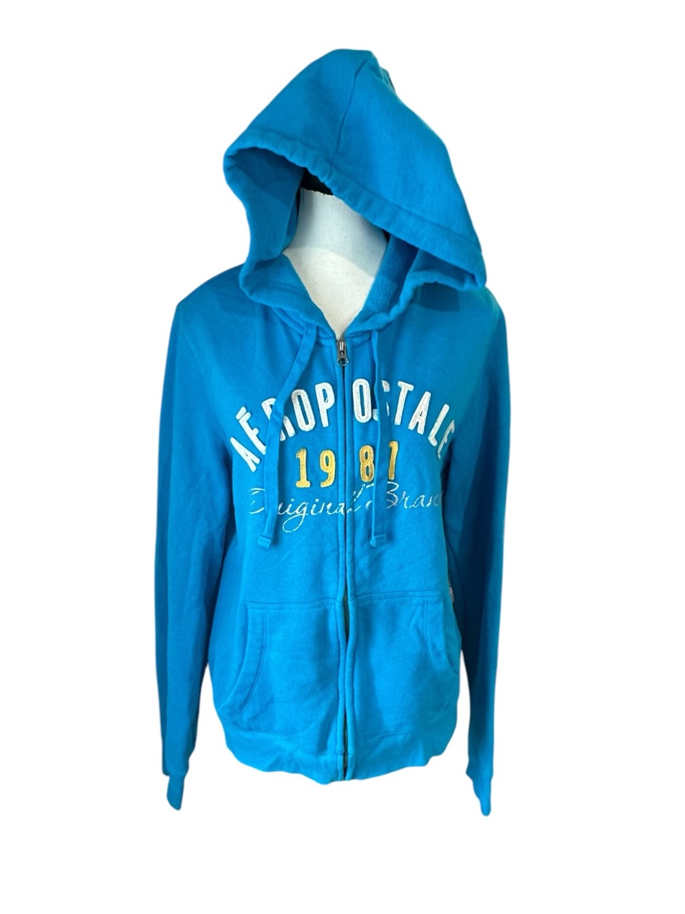 Aeropostale Bright Teal Zip Front Hoodie with Yellow Accents